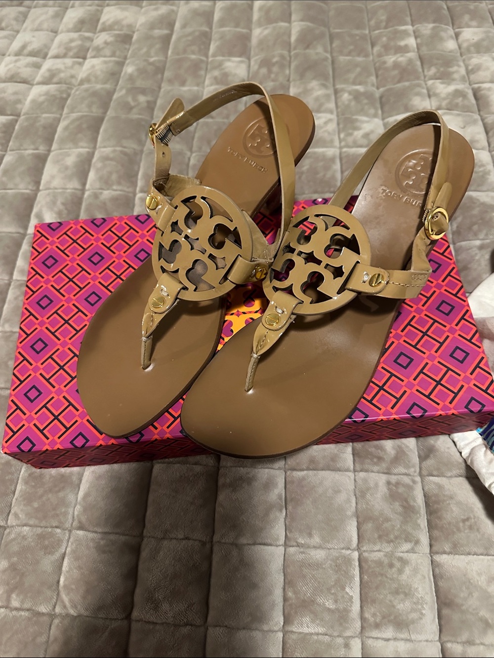Tory Burch Tan Logo Thong Sandals with Gold Hardware